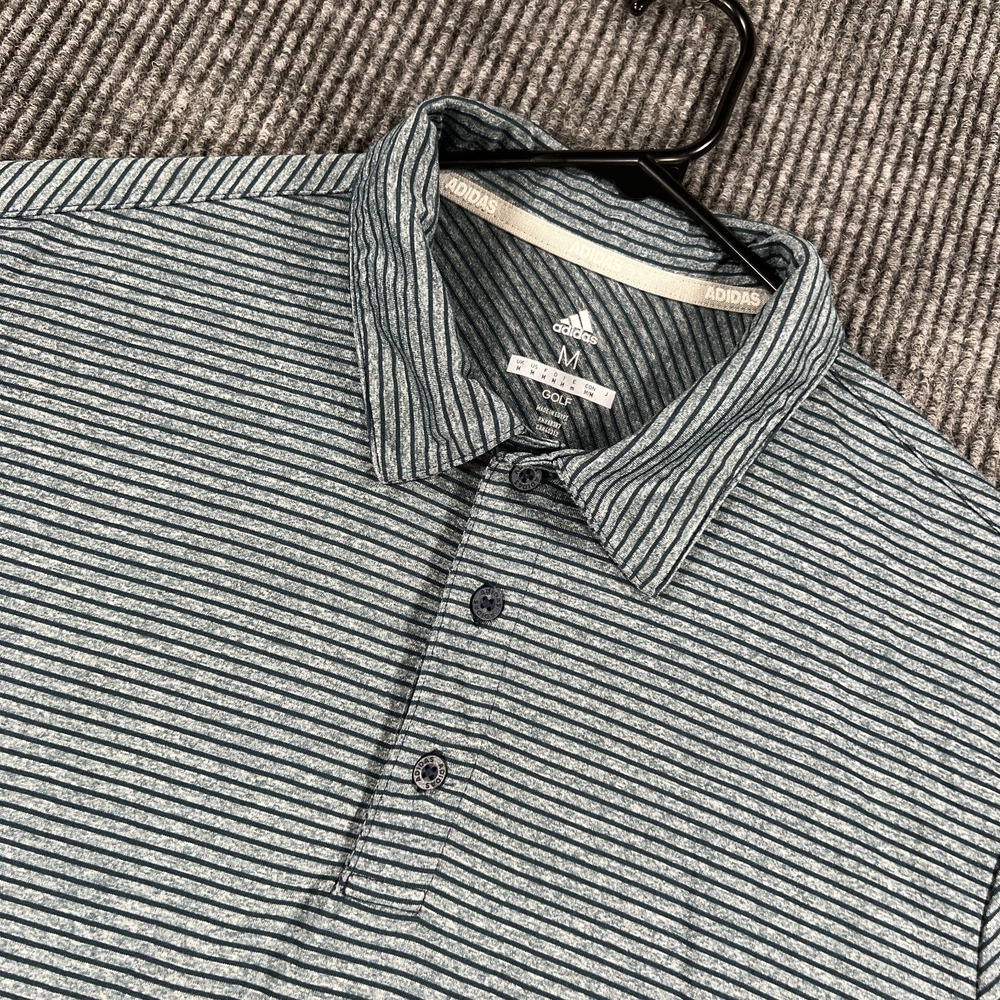 Adidas Golf Polo Shirt Mens‎ Medium Blue Gray Striped Short Sleeve Performance